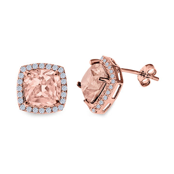 Cushion Cut Stud Earrings Rose Tone, Simulated Morganite CZ 925 Sterling Silver